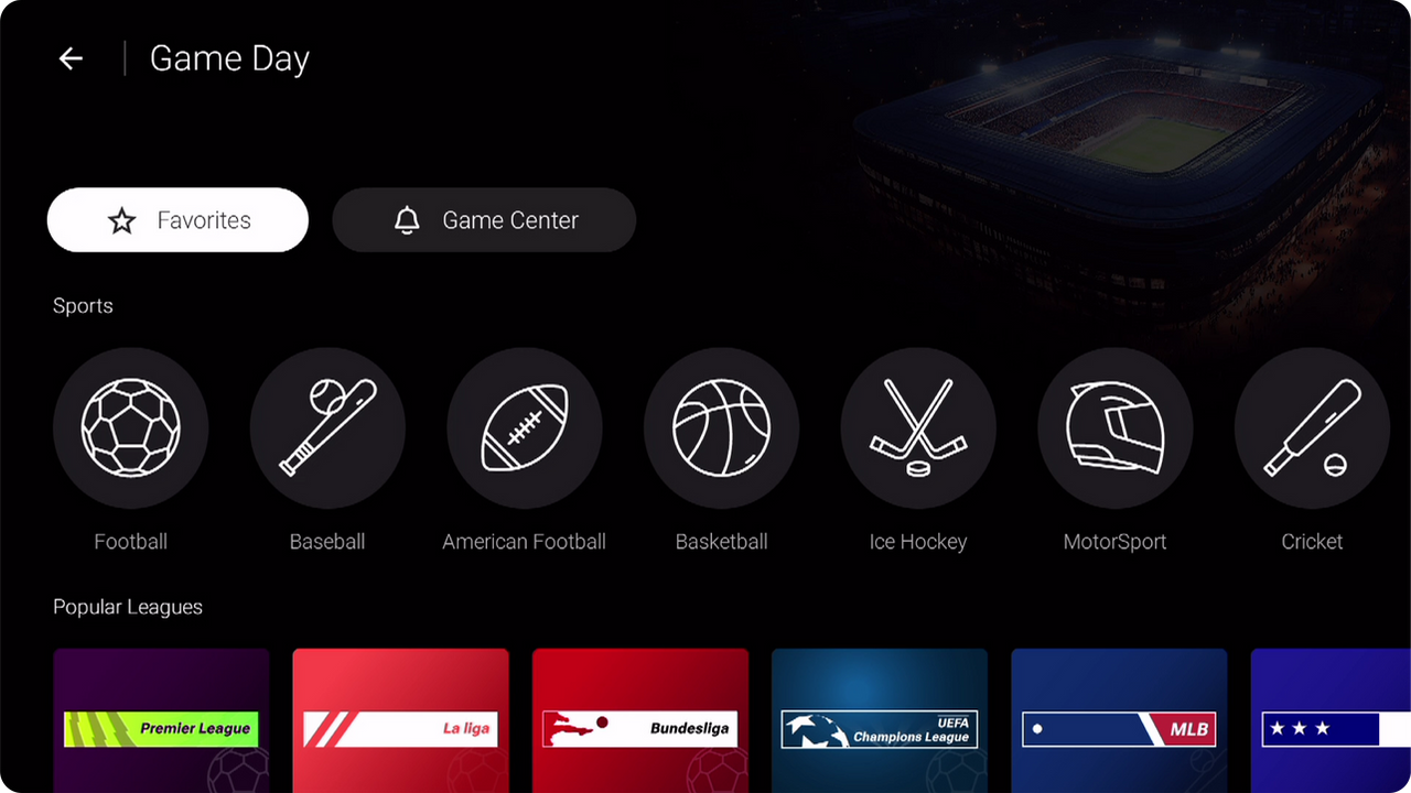 Game Day in MYTVOnline 4 met sportcategorieën en competities
