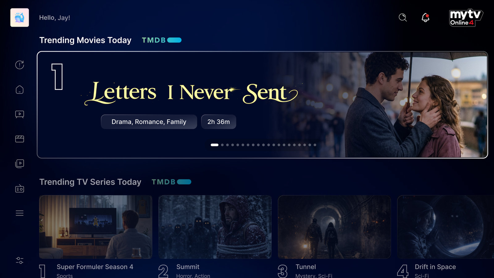 Persoonlijk startscherm van MYTVOnline 4 met films, series en kijksuggesties
