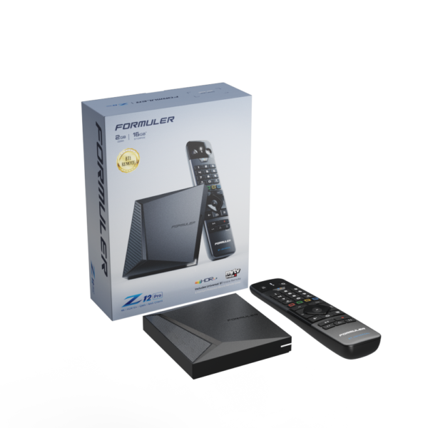 Formuler Z12 Pro BT1 Edition met afstandsbediening en verpakking Formuler Z12 Pro mediaspeler met GTV-BT1 afstandsbediening en verpakking