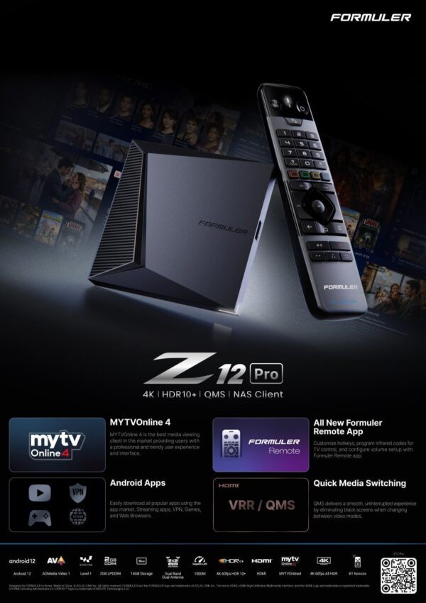 Formuler Z12 Pro productfolder met kenmerken en specificaties