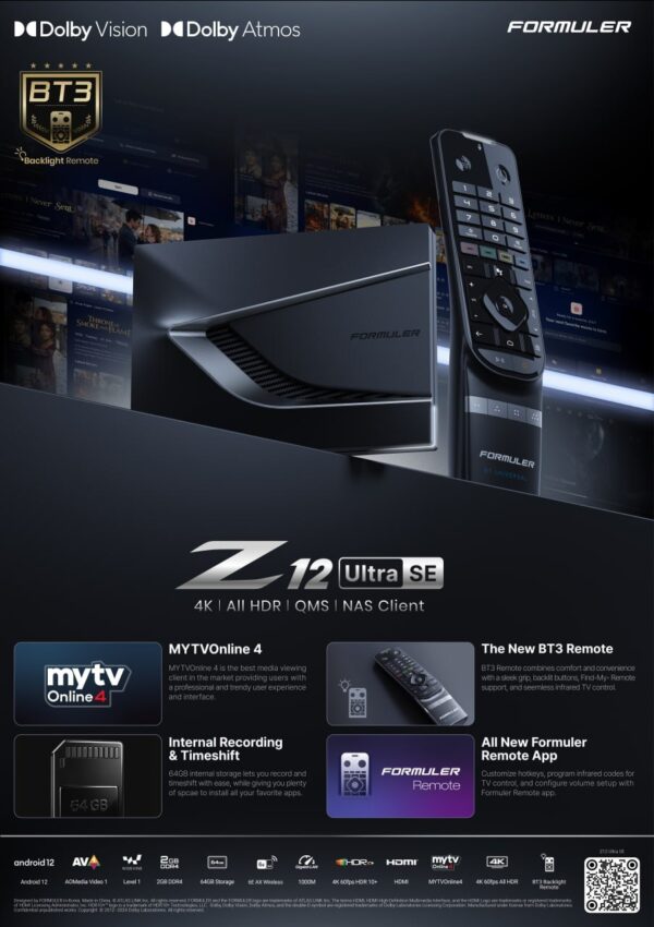 Formuler Z12 Ultra SE productfolder met kenmerken en specificaties