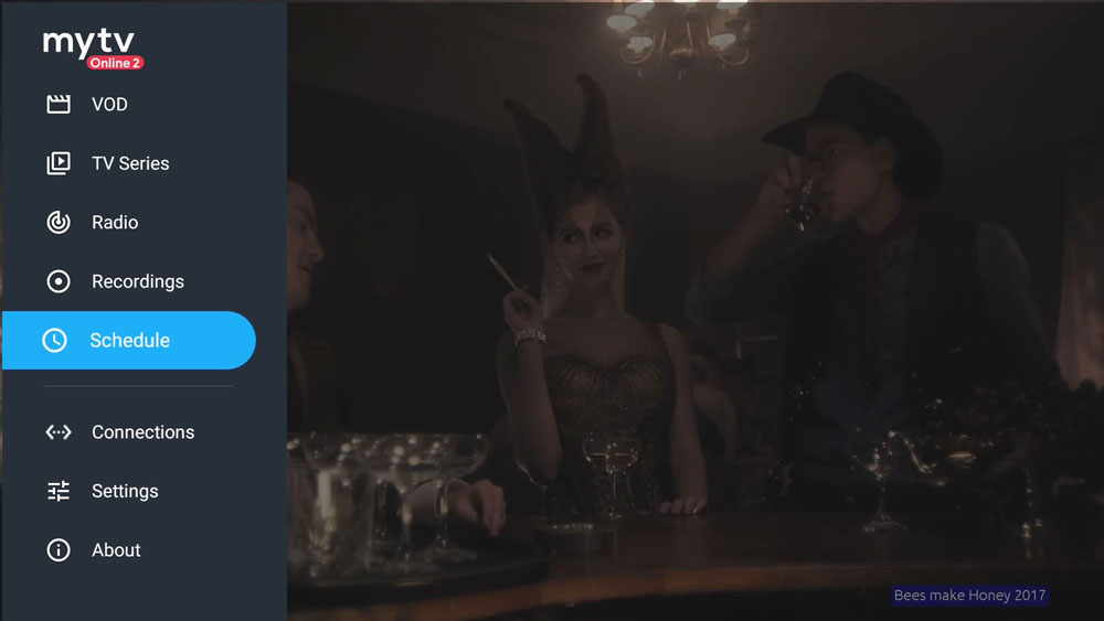 Hoofdmenu van MYTVOnline 2 met Live TV, VOD, series, radio en opnames