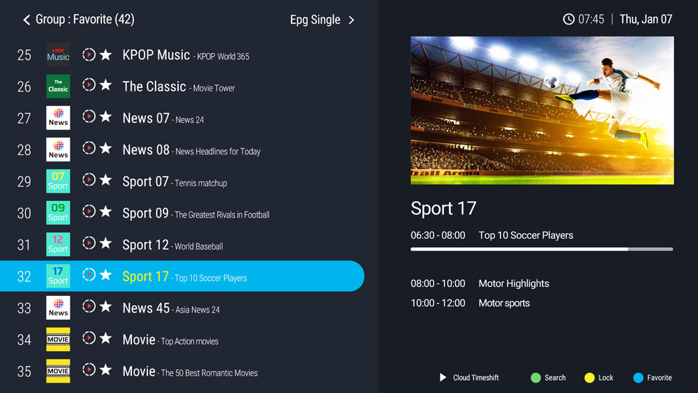 Zenderlijst in MYTVOnline 2 met voorbeeldscherm en programma-informatie